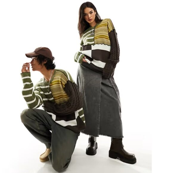 NWT - Reclaimed Vintage Unisex Spliced Patchwork & Striped Knit Sweater - M/US6 - Picture 1 of 10